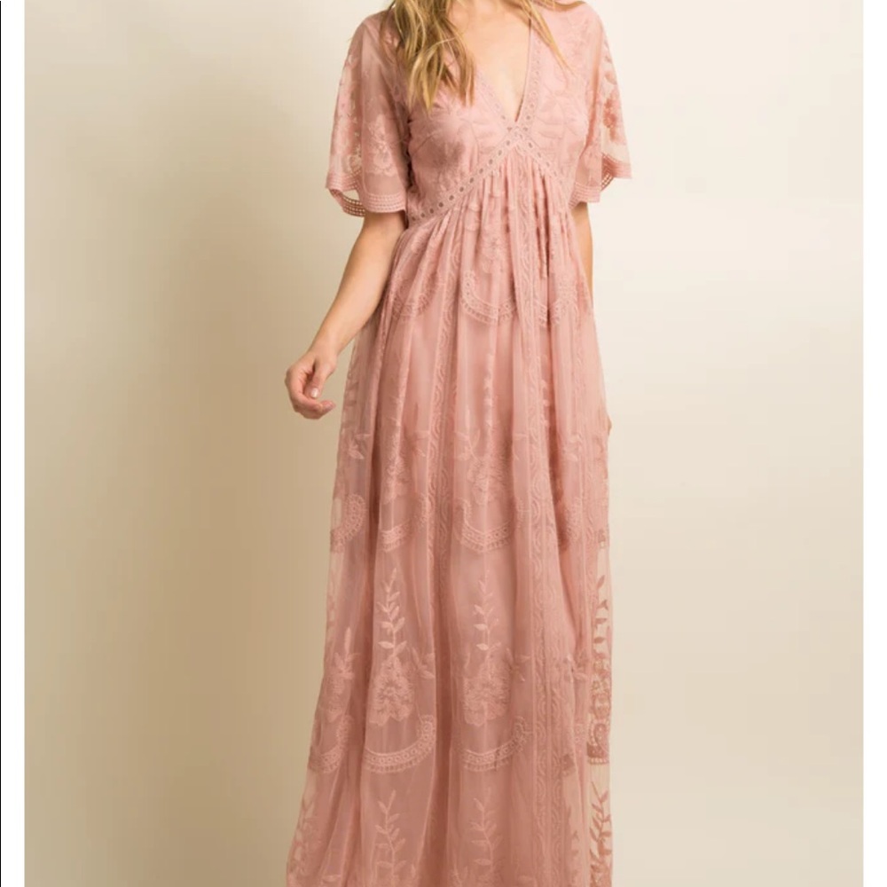 Pink Lace Mesh Overlay Maxi Dress